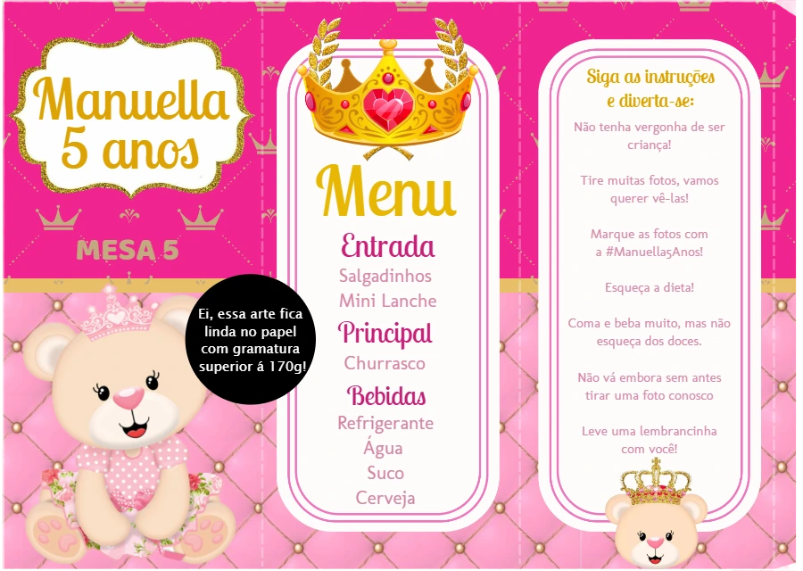 Menu de Mesa Aniversário Ursinha Princesa para Editar Online