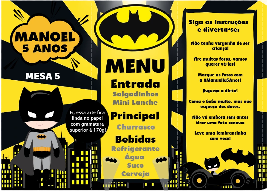Menu de Mesa Aniversário Batman para Editar Online