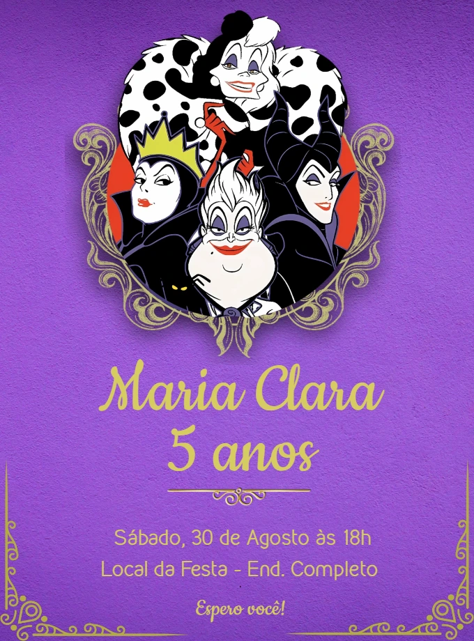 Convite de Aniversário Vilãs da Disney para Editar Online