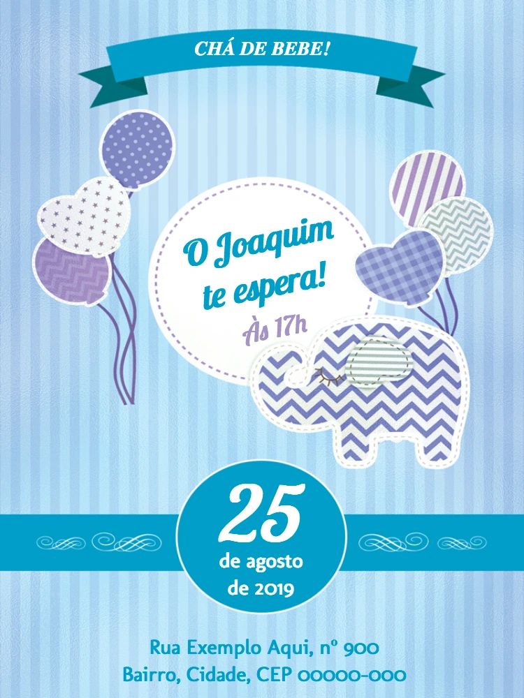 Convite Chá de Bebê Elefantinho Azul para Editar Online