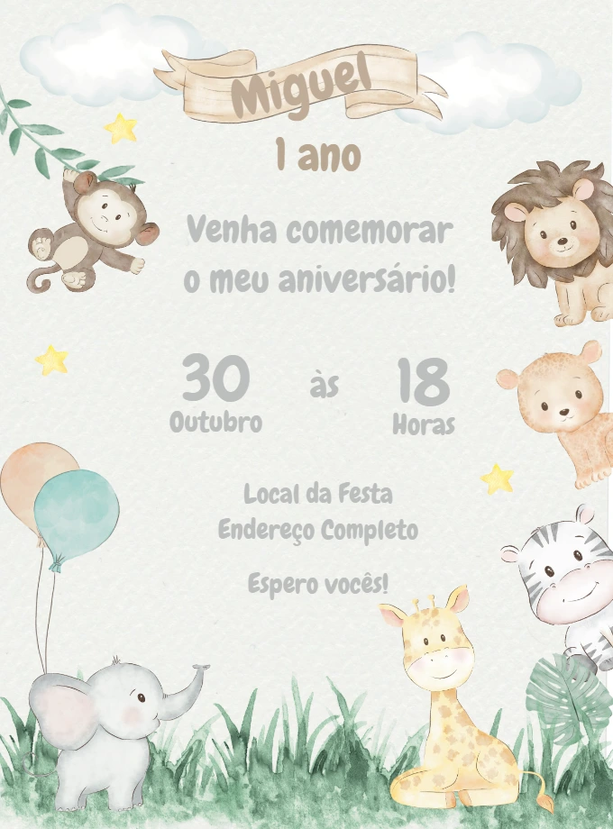 Convite Aniversário Safari com Animais Fofos para Editar Online