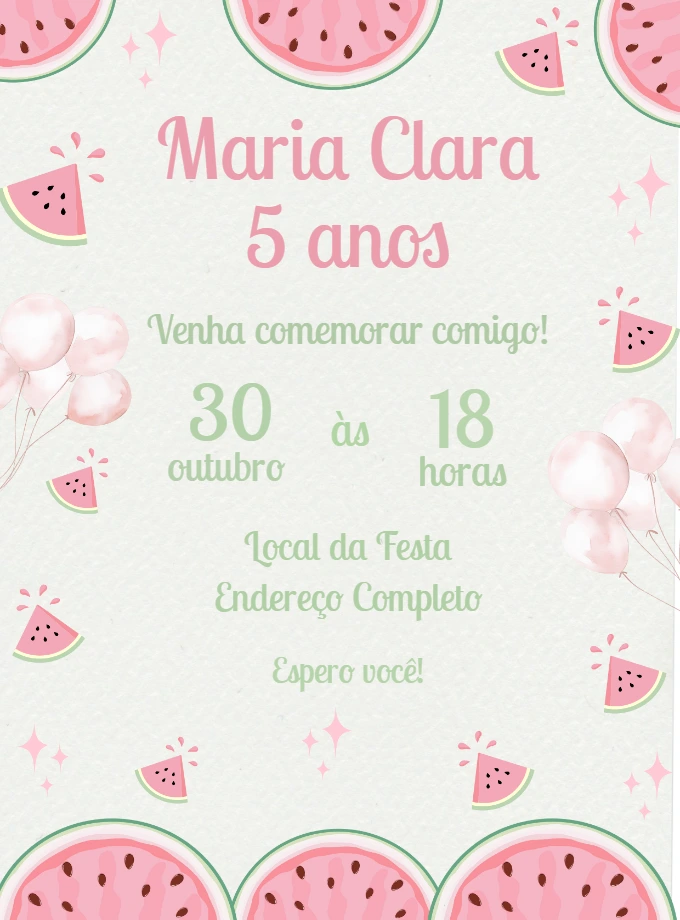 Convite Aniversário Melancia Editável Online para Imprimir