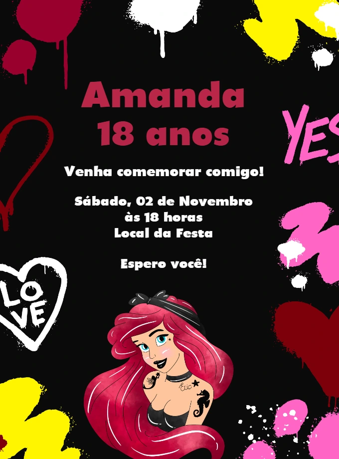 Convite de Aniversário Princesa Ariel Punk para Editar Online