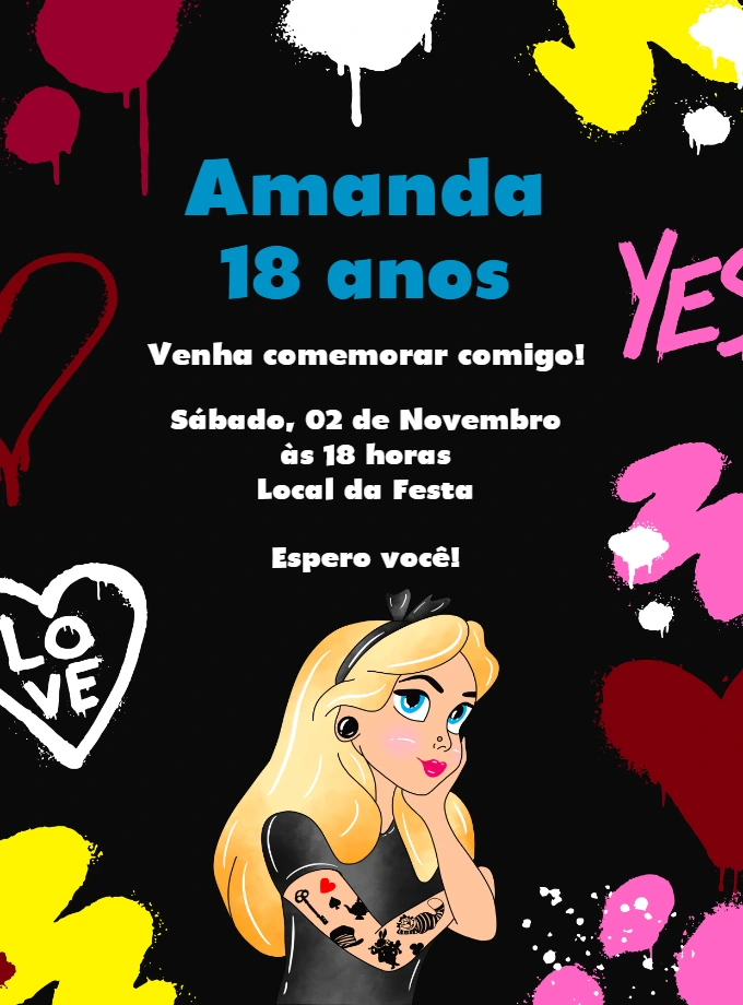 Convite Aniversário Princesa Alice Punk para Editar Online