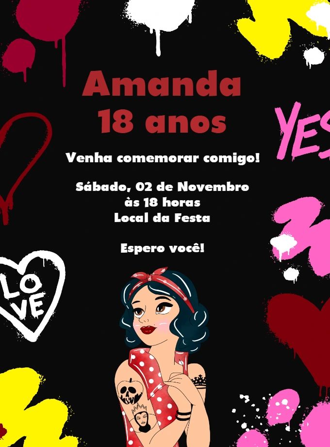Convite Aniversário Branca de Neve Punk para Editar Online