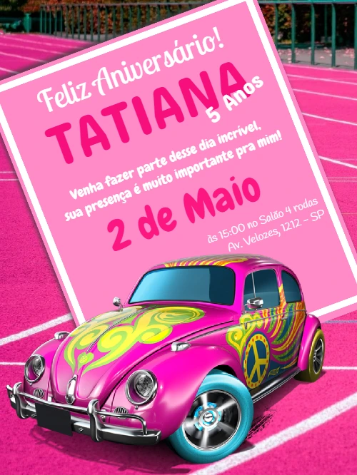Convite Aniversário Fusca Rosa Hippie para Editar e Imprimir