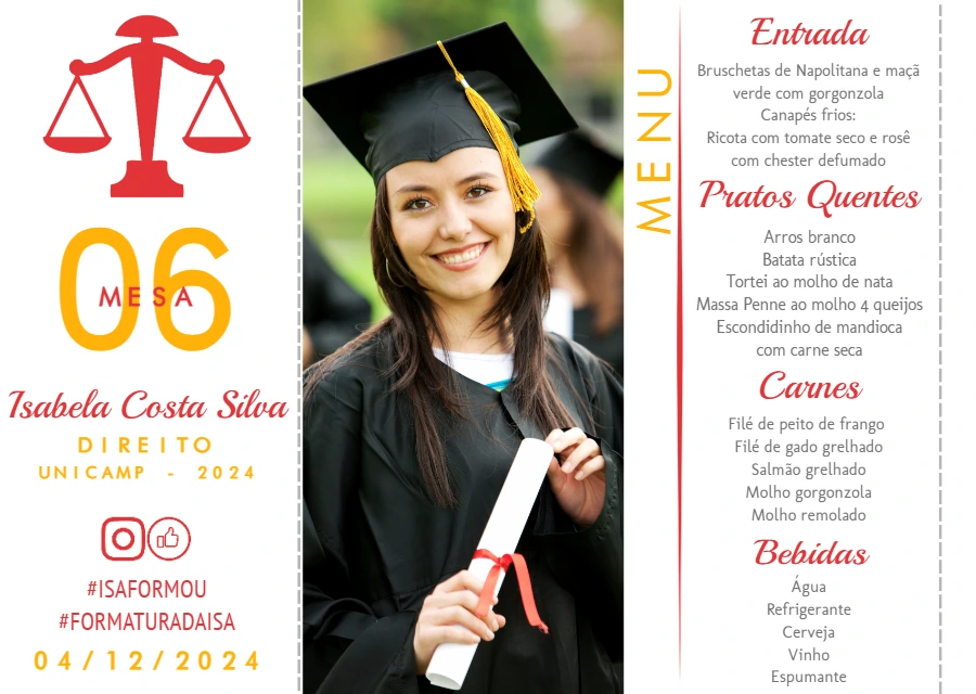 Menu de Formatura Direito com Foto para Editar Online