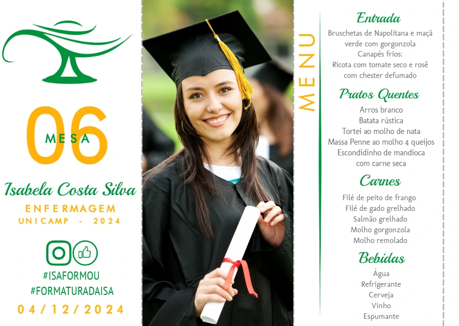 Menu de Formatura Enfermagem com Foto para Editar Online