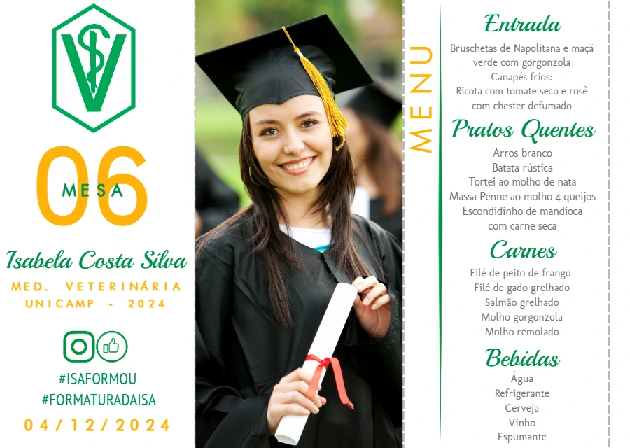 Menu de Formatura Veterinária com Foto para Editar Online