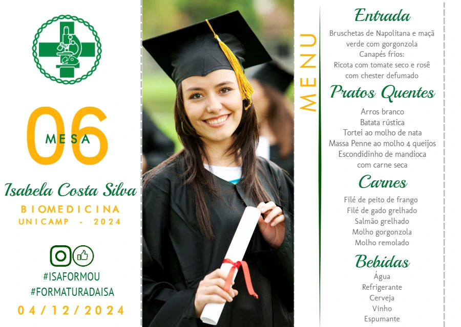 Menu de Formatura Biomedicina com Foto para Editar Online
