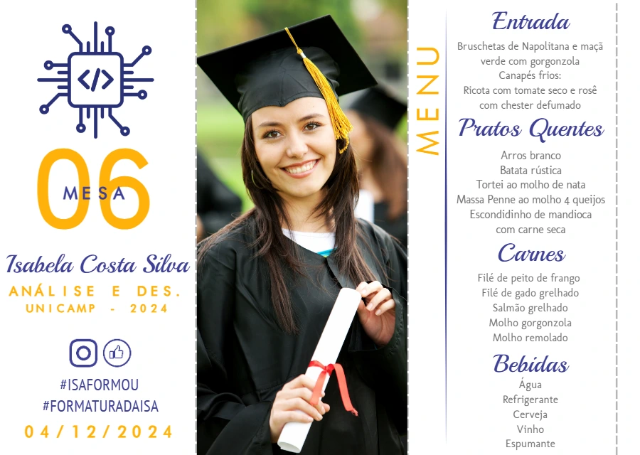 Menu de Formatura Análise e Desenvolvimento com Foto para Editar