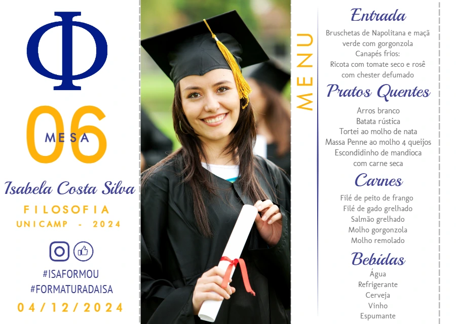 Menu de Formatura com Foto para Editar Online e Imprimir