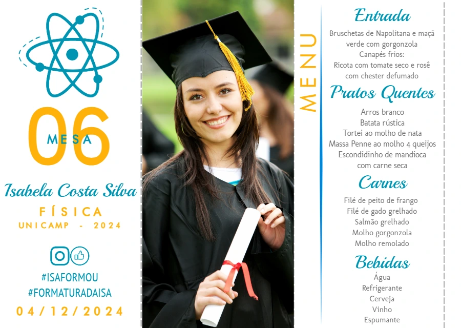 Menu de Formatura Física com Foto para Editar Online