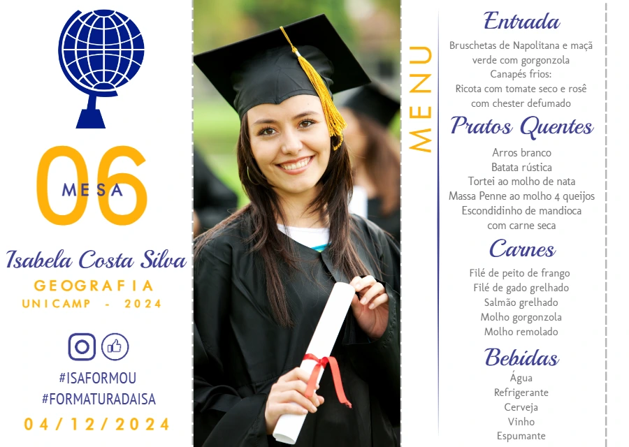 Menu de Formatura com Foto para Editar Online
