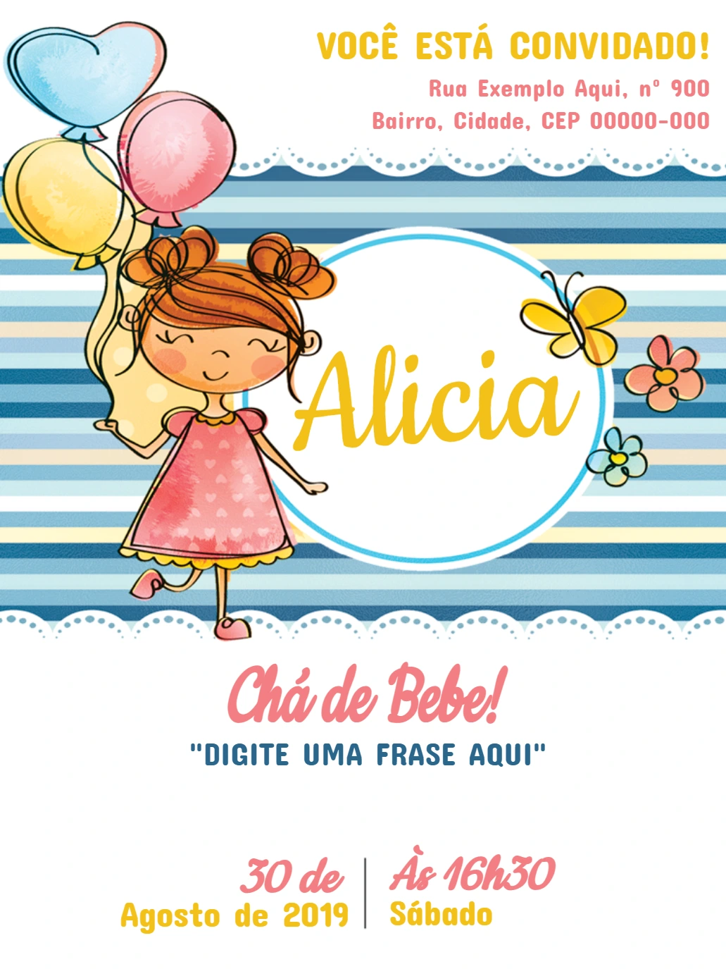 Convite Chá de Bebê Menina com Balões para Editar Online