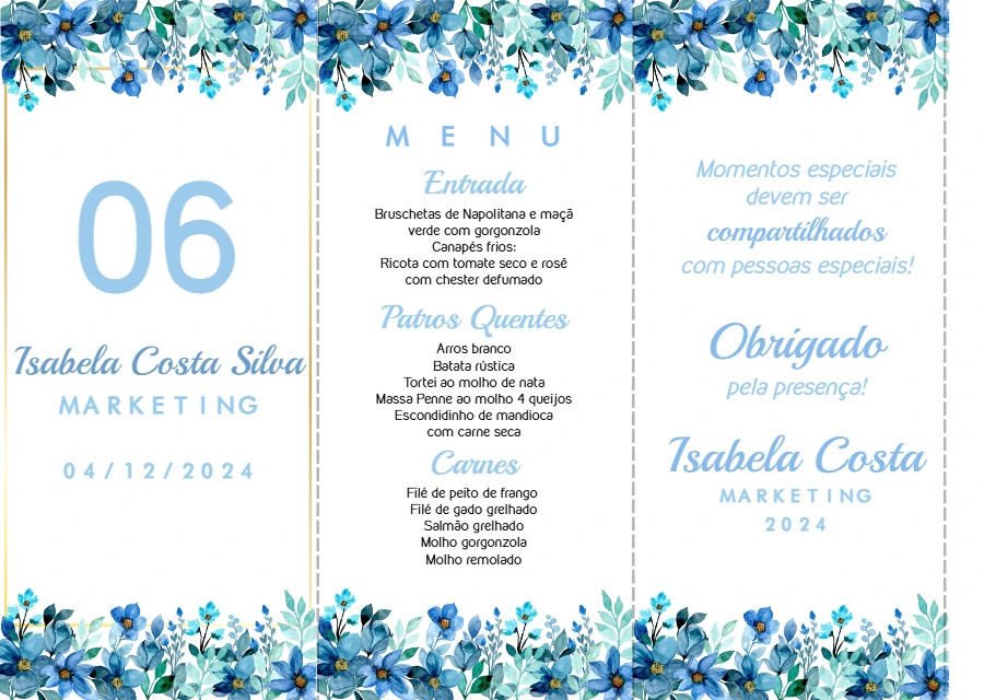 Menu de Formatura Floral Azul Triângulo para Editar Online