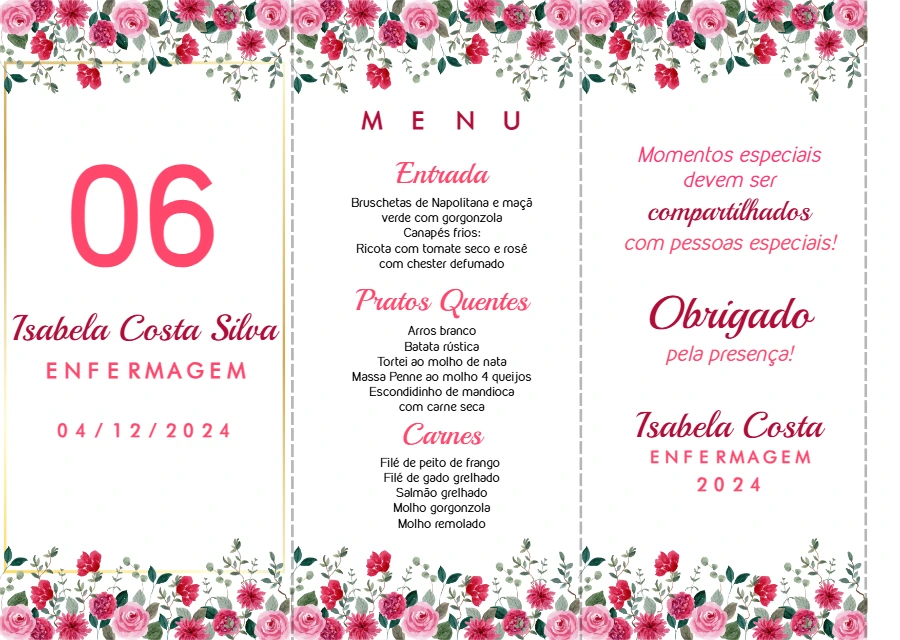 Menu de Formatura Floral com Rosas para Editar Online