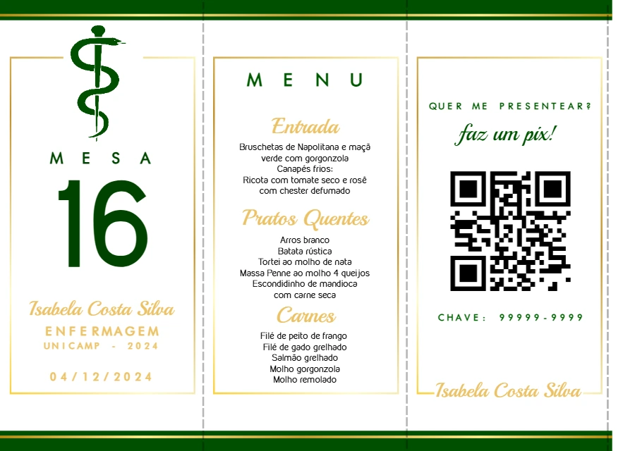 Menu de Mesa Formatura Enfermagem Editável Online
