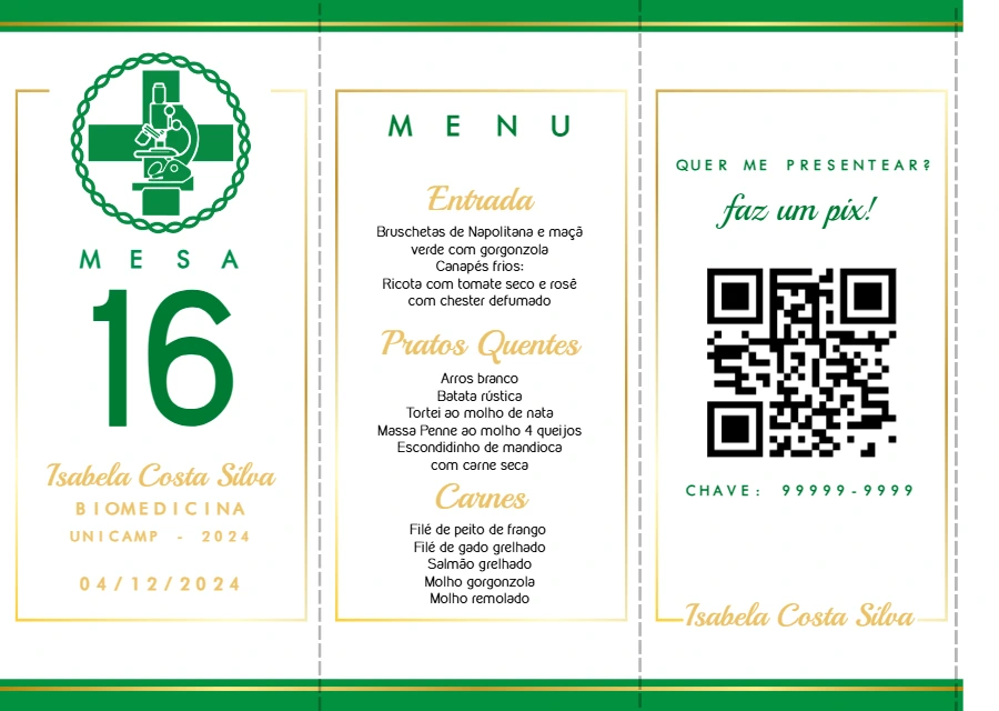 Menu de Formatura Biomedicina Verde e Dourado para Editar