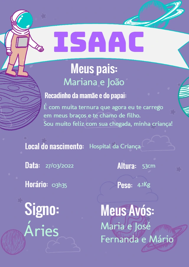 Quadro de Nascimento Tema Astronauta para Editar Online