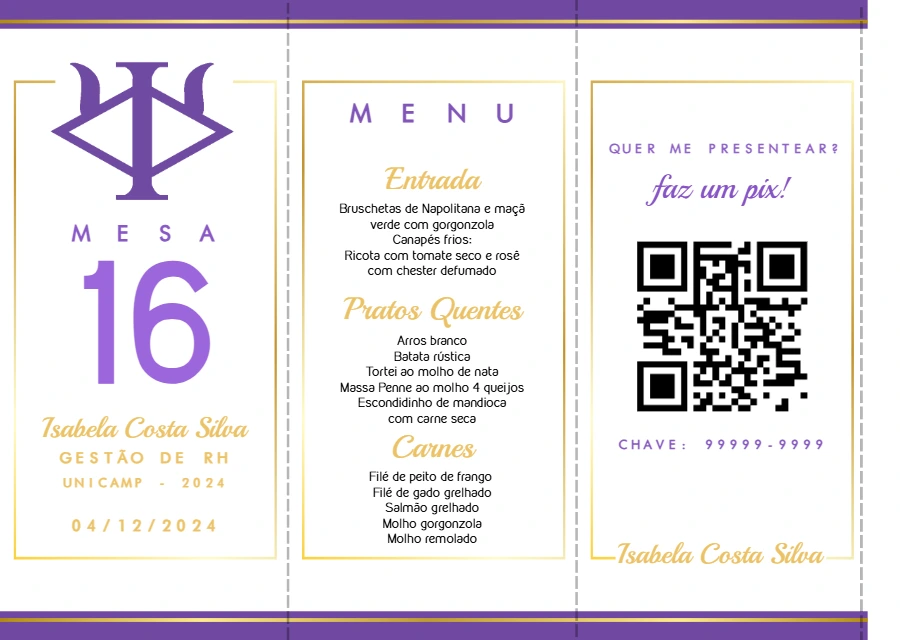 Cardápio de Mesa Formatura com QR Code Pix para Editar