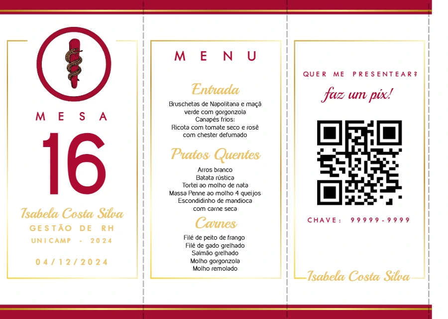 Menu de Formatura com QR Code Editável para Mesa