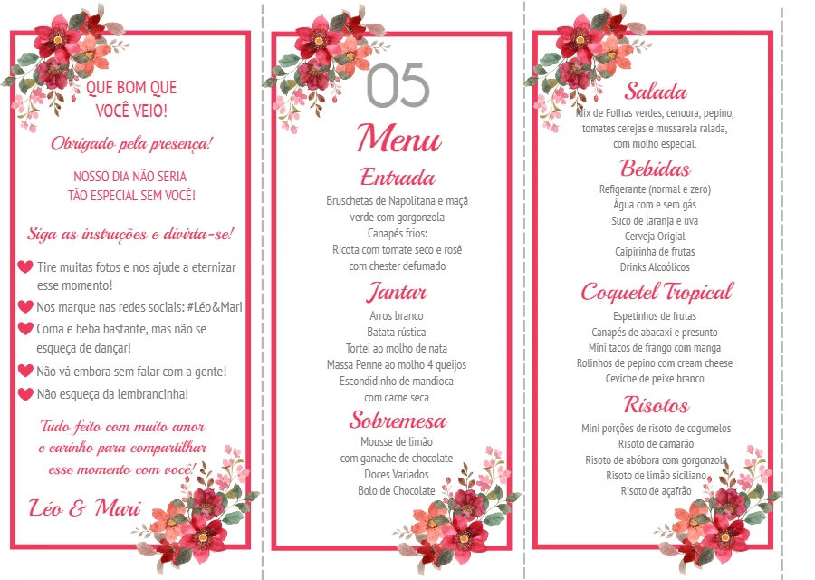 Menu de Casamento Floral Vermelho Tri-fold para Editar