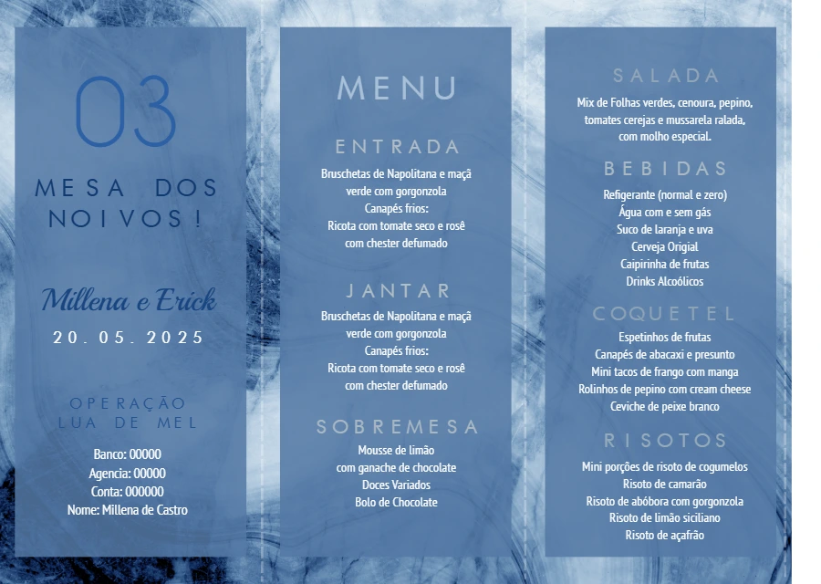 Menu de Casamento Mármore Azul Dobrável para Editar