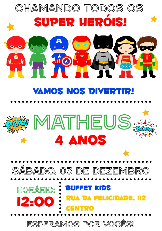 Convite Aniversário Super Heróis para Editar Online
