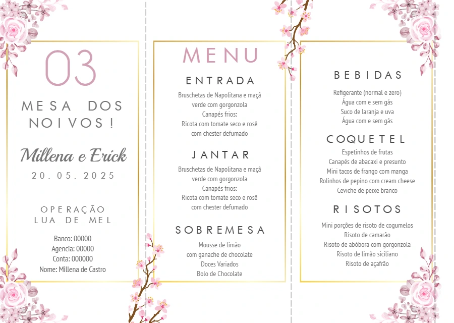 Menu de Casamento Floral Rosa para Editar Online