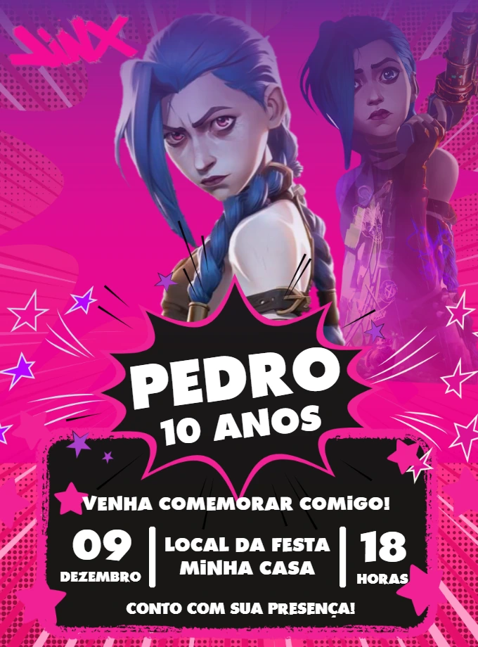 Convite Aniversário Jinx Arcane para Editar e Imprimir