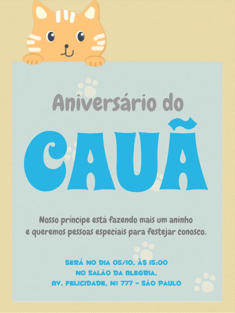 Convite Aniversário Infantil Gatinho para Editar Online