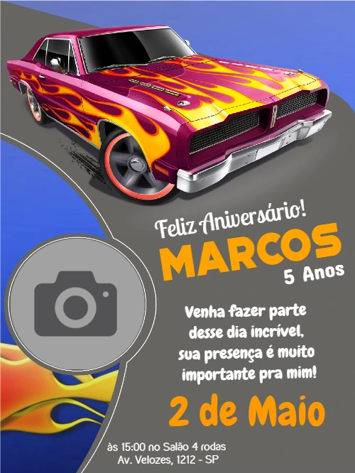 Convite Aniversário Hot Wheels com Foto para Editar Online