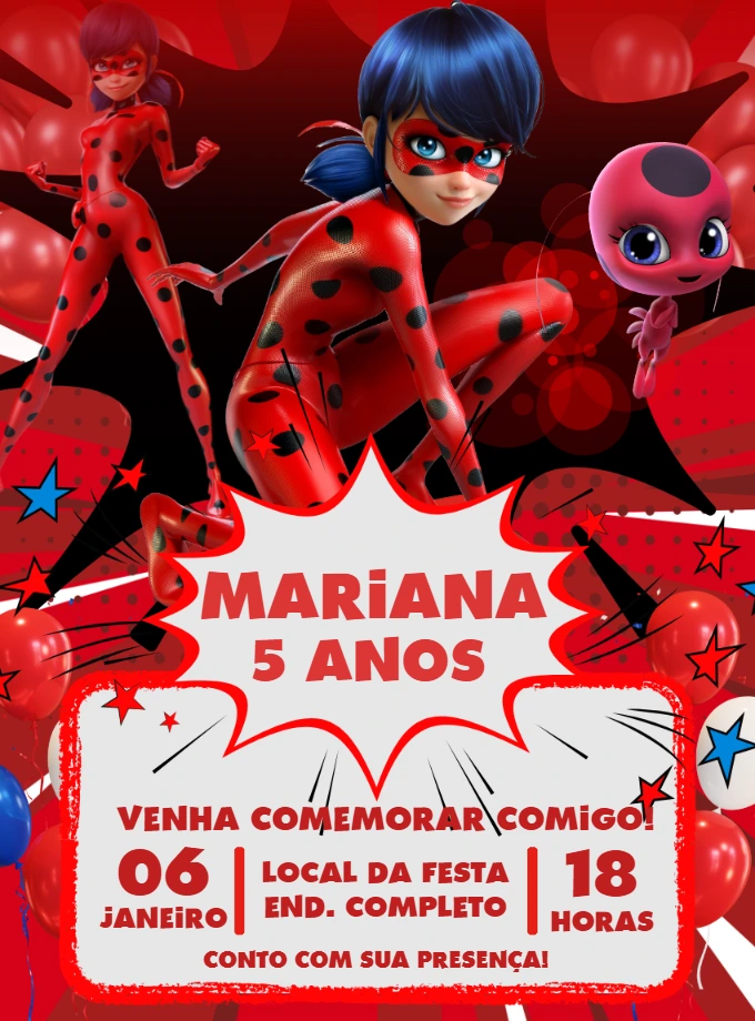 Convite Aniversário Ladybug Miraculous para Editar Online