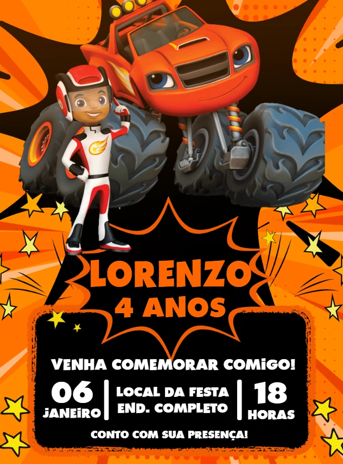 Convite Aniversário Blaze e os Monster Machine para Editar Online