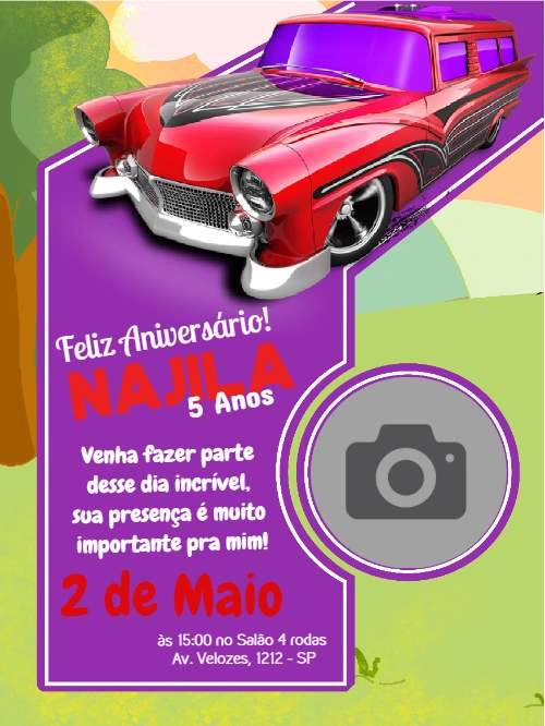 Convite Aniversário Hot Wheels com Foto para Editar Online