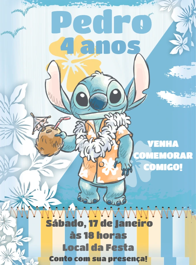 Convite de Aniversário Stitch Tropical para Editar Online
