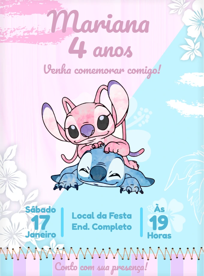 Convite Aniversário Stitch e Angel para Editar Online