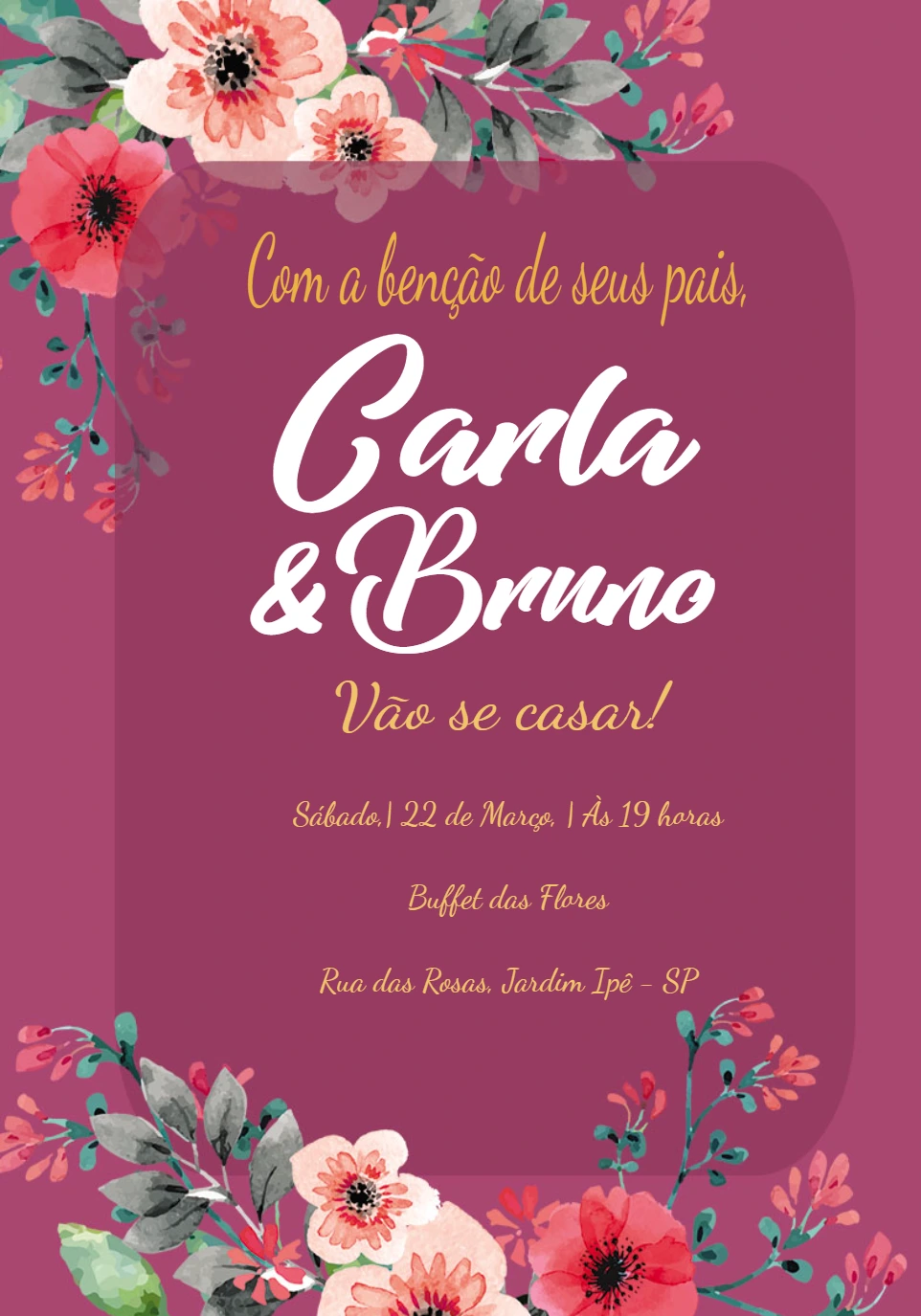 Convite de Casamento Floral Magenta para Editar Online