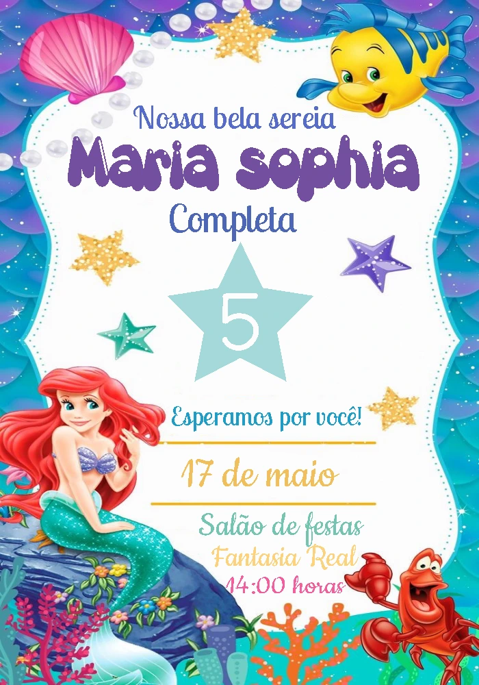 Convite Aniversário Pequena Sereia para Editar Online