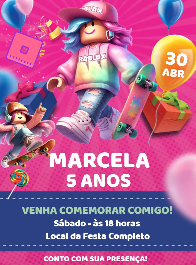 Convite Aniversário Roblox Menina para Editar Online