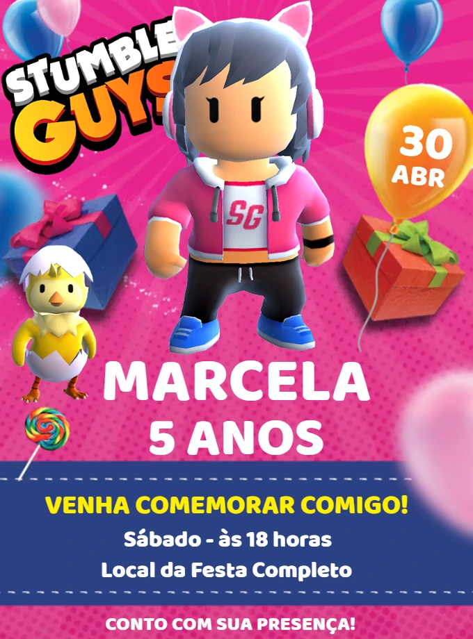 Convite Aniversário Stumble Guys Menina para Editar Online