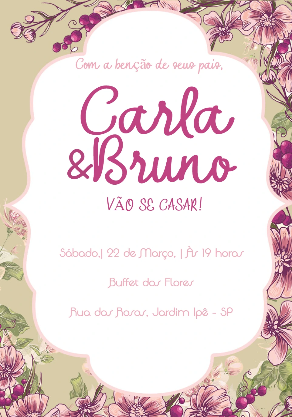 Convite de Casamento Floral Bege e Roxo para Editar Online