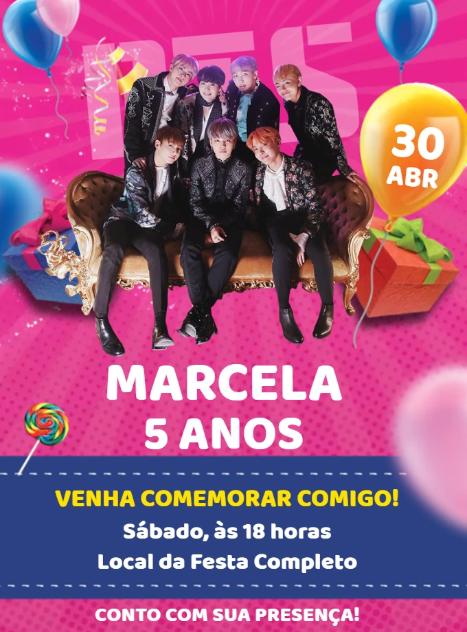 Convite de Aniversário BTS para Editar e Imprimir