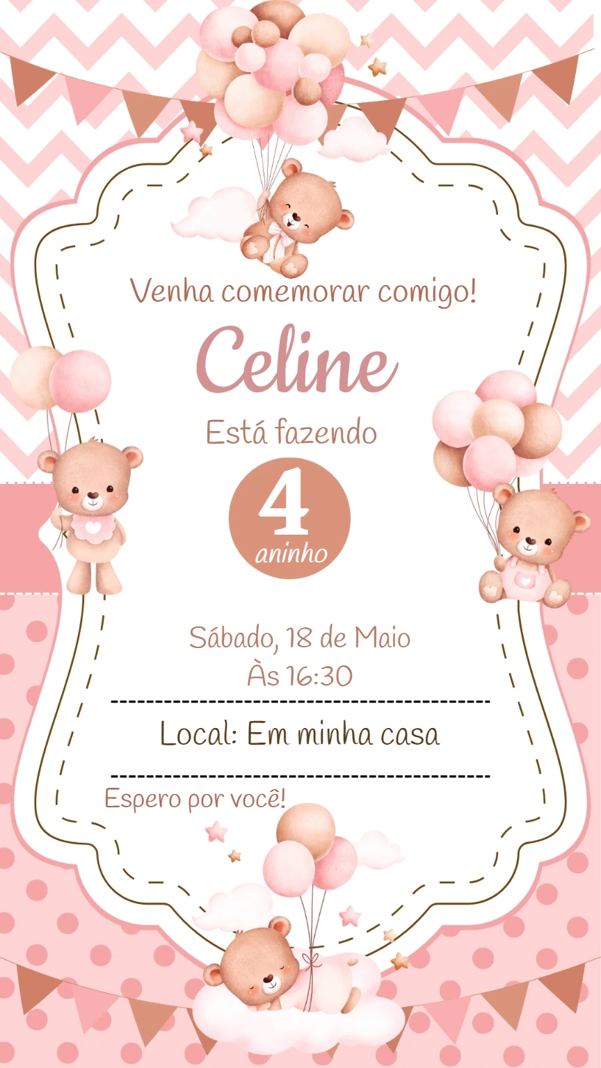 Convite de Aniversário Ursinha Baloeira para Editar Online