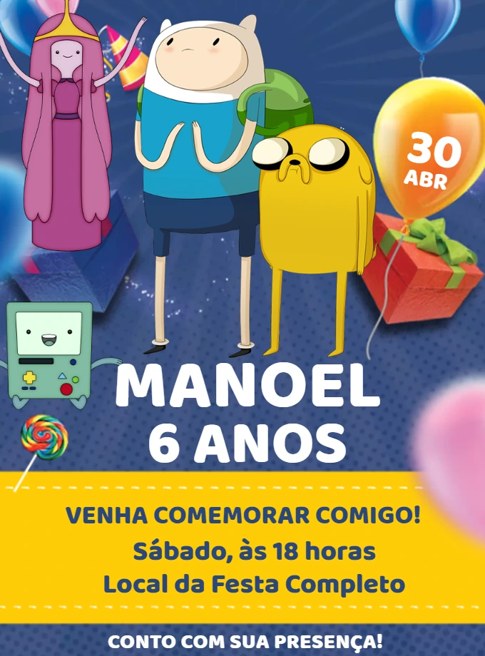 Convite Aniversário Hora de Aventura com Finn e Jake para Editar