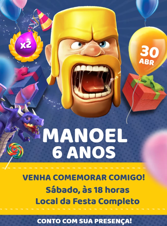 Convite de Aniversário Clash of Clans para Editar Online