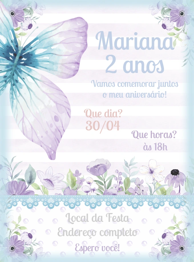 Convite Aniversário Borboleta Aquarela para Editar Online