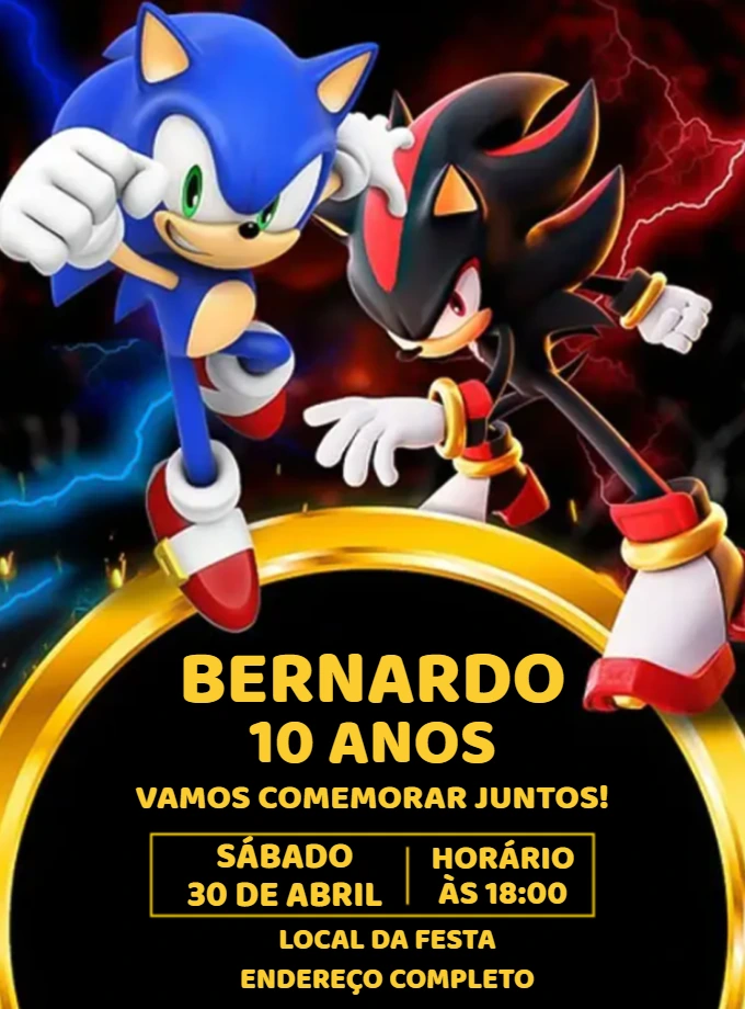 Convite de Aniversário Sonic e Shadow para Editar Online