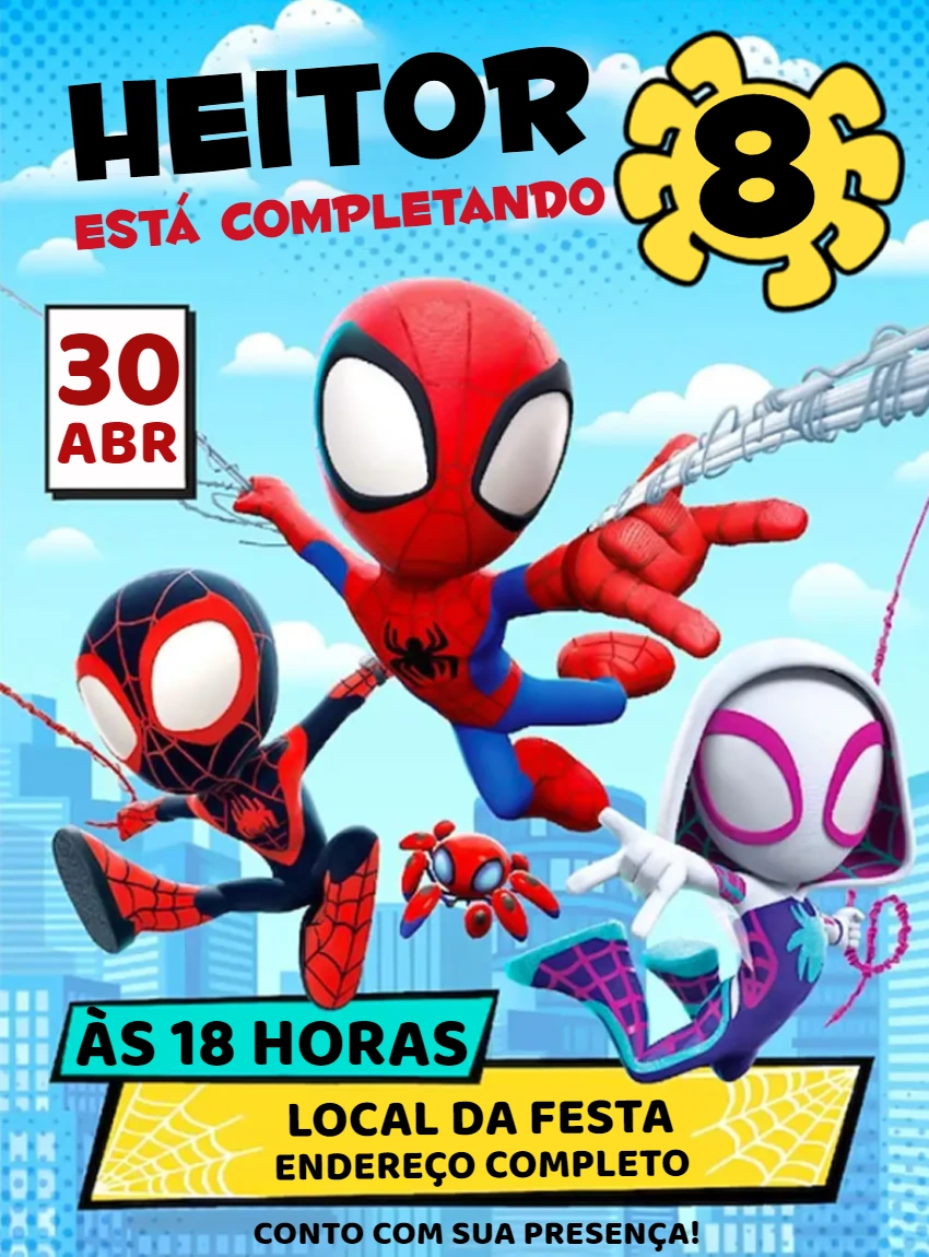 Convite Aniversário Spidey e Seus Amigos para Editar Online
